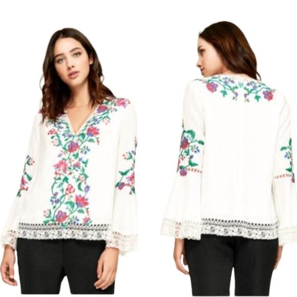 Tadashi Shoji Long Sleeve Boho White Floral Embroidery Bell Sleeve Blouse - Picture 1 of 12